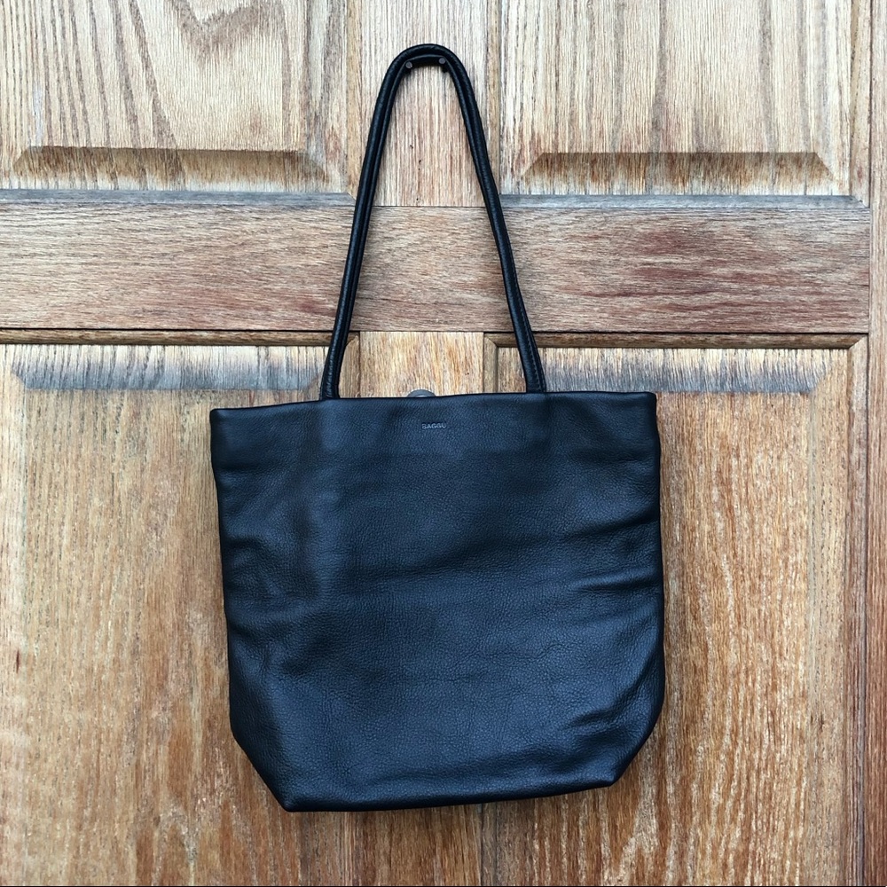 BAGGU Medium Black Leather Tote Bag, purse